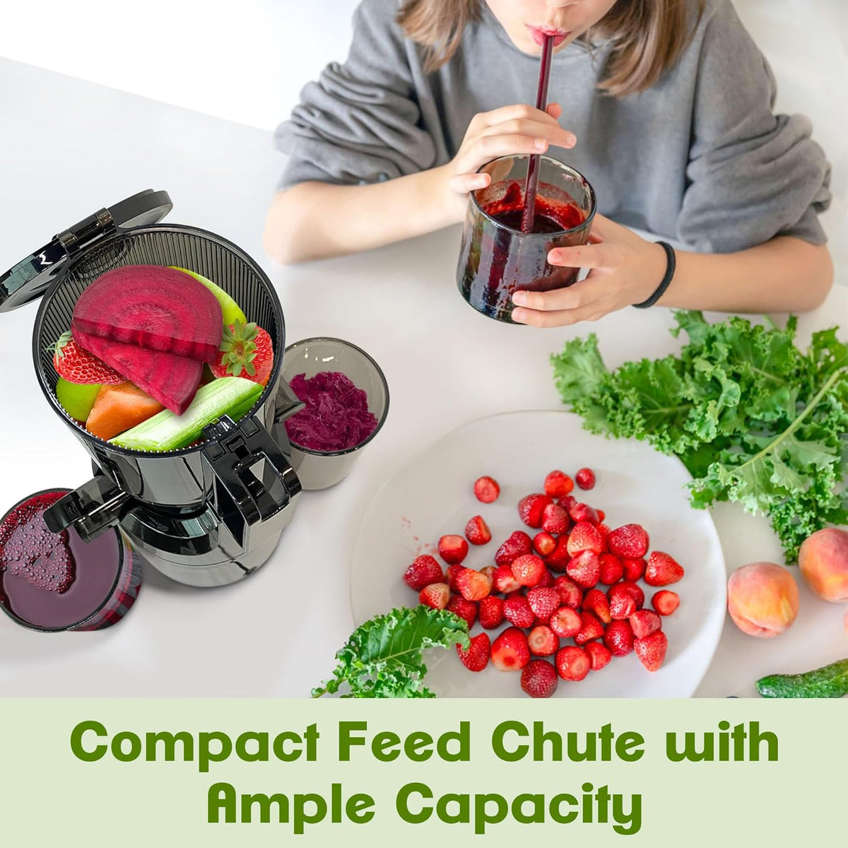 Cold Press Juicer Machines Slow Masticating Juicer Machines with 1.1 L Large Feed Chute Fit Whole Fruits and Vegetables Easy Clean Self Feeding,High Juice Yield,BPA Free (Ink-black)