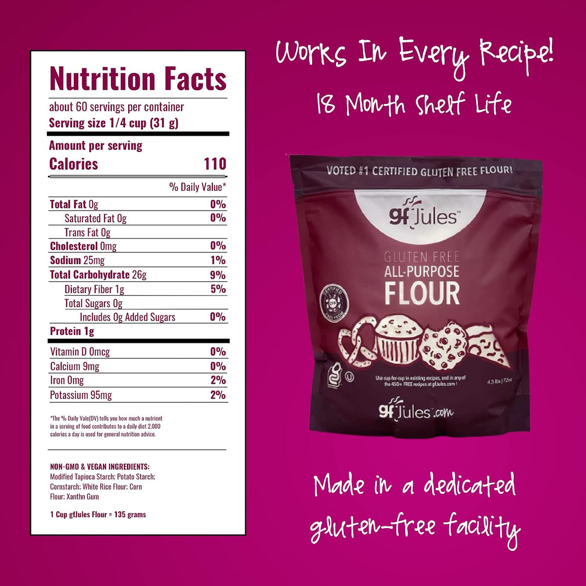gfJules Gluten-Free All Purpose Flour, Smooth Texture, 72 Ounce Pouch | Certified Gluten-Free, Kosher, Top-9 Allergen-Free, Cup for Cup Baking, Grit-Free, Wheat Substitute