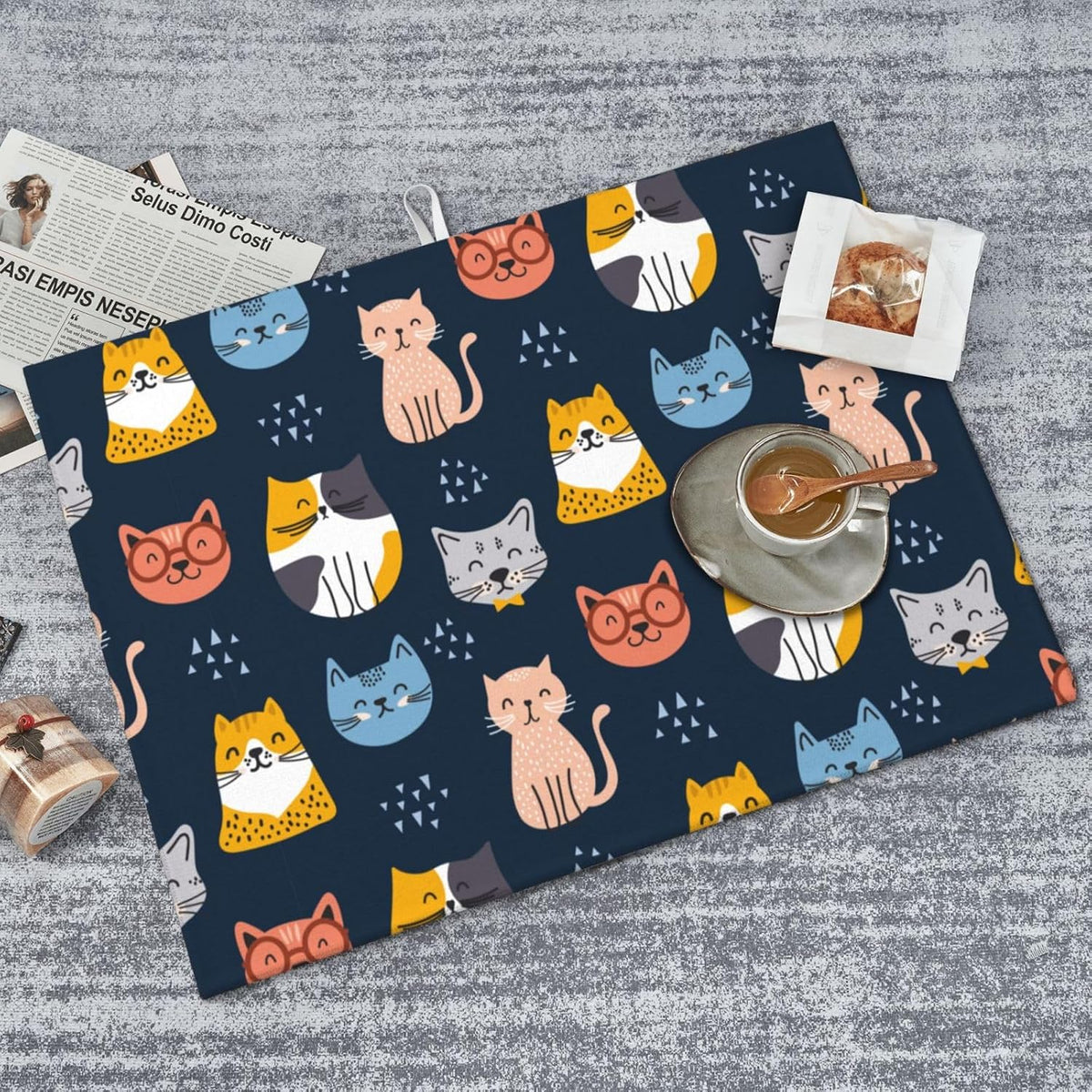 Absorbent Microfiber Dish Drying Mat, Quick Dry Pad for Sink Dishes or Under Rack, Kitchen Counter Accessories, Reusable Washable Extra Large 18"x24" (Cute Cats,Navy blue)