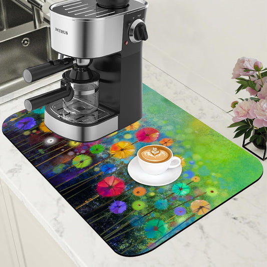 Dish Drying Mat Watercolor Rainbow Dandelion Coffee Bar Mat for Countertop Absorbent Hide Stain Rubber Backed Dish Drainer