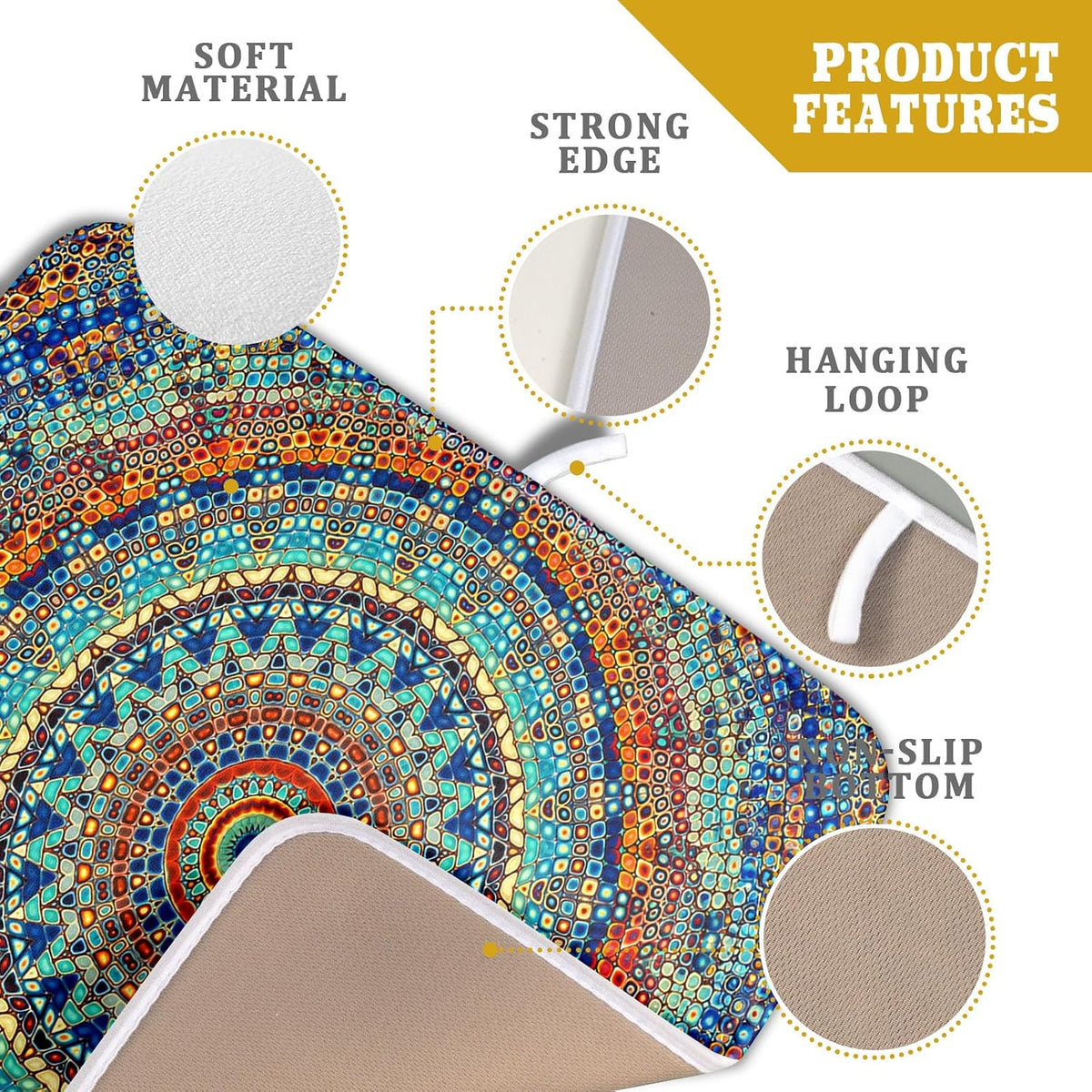 Bohemian Mandala Dish Drying Mat for Kitchen Counter Boho Ethnic Drying Mat 16 x 18 Inch with High Absorbent Reversible Microfiber Dish Drying Pad Dish Rack Pad Drainer Mat for Coffee Bar
