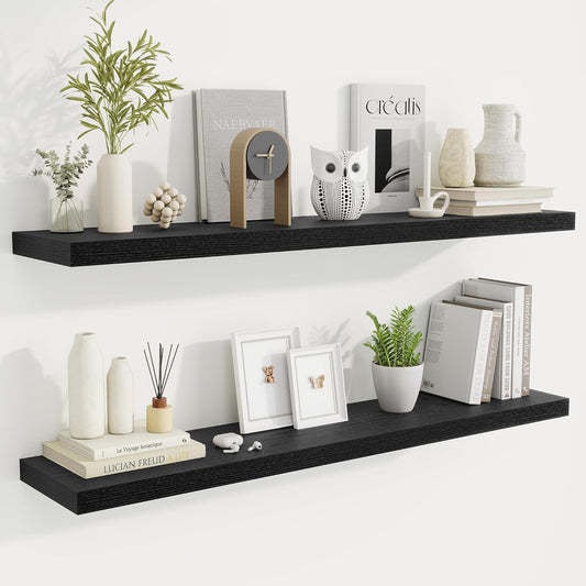 Fun Memories 48 Inch Deep Floating Shelves for Wall, 2 Pack of Long Wall Mounted Wood Shelves with Invisible Brackets for