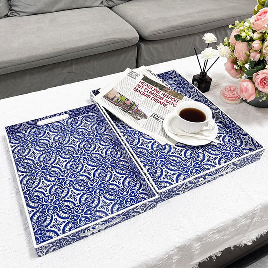 2 Pack Serving Tray with Handles, Rectangular Decorative Trays for Coffee Table, Modern Blue Plastic Ottoman Tray for Living