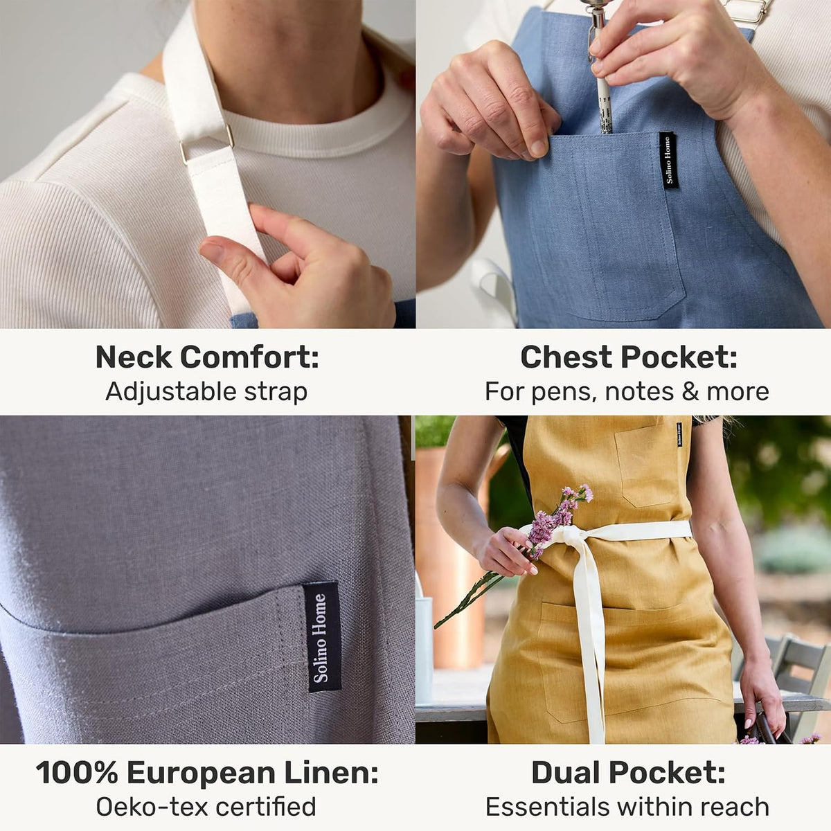 Solino Home 100% Pure Linen Apron, 32 x 27 in, Blue and Navy, Classic Apron | Linen Chef Wear an apron with pockets for cooking and hosting, handwoven linen with adjustable neck ties, OEKO-TEX Certified
