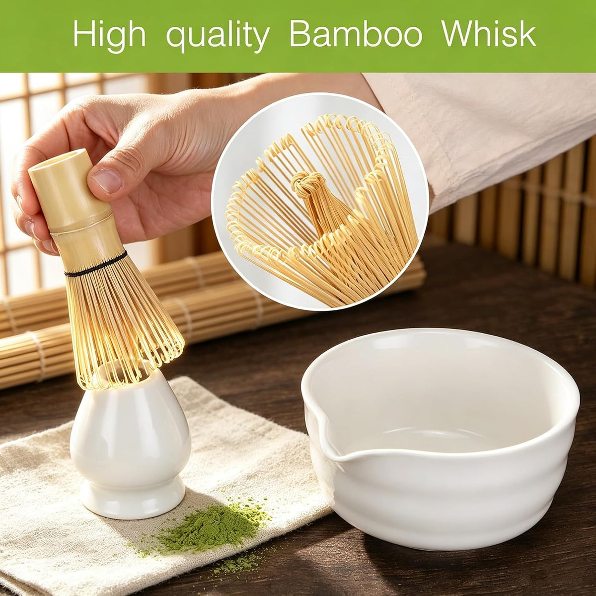 6 Pcs Matcha Set - Matcha Whisk Set &amp; Matcha Bowl Set with Bamboo Scoop, Stainless Steel Sifter, 19 oz Ceramic Pouring Bowl, Matcha Spoon, Whisk Holder - Japanese Tea Ceremony Kit for Gifts (White)
