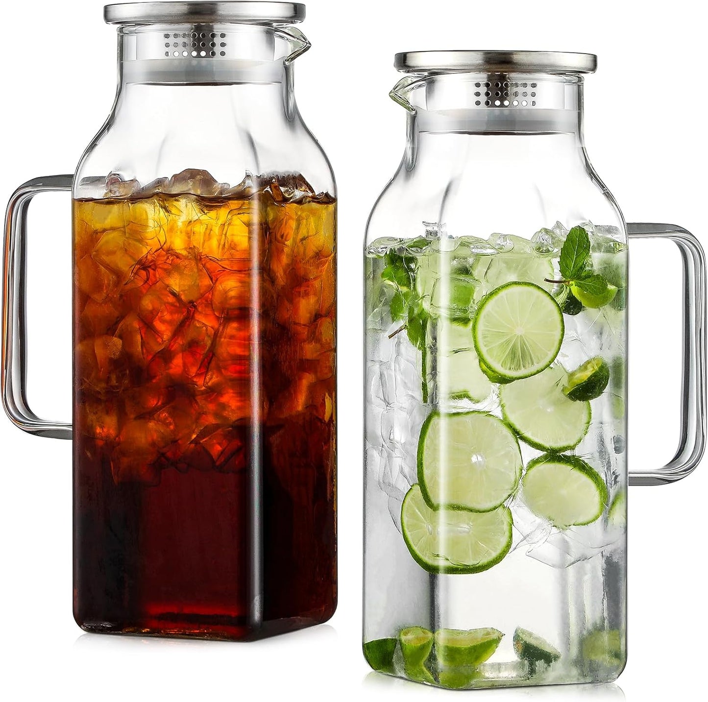 Netany 2 Pack 2 Liters/68 oz Square Glass Pitcher with Lid and Handle for Fridge, Iced Tea and Coffe