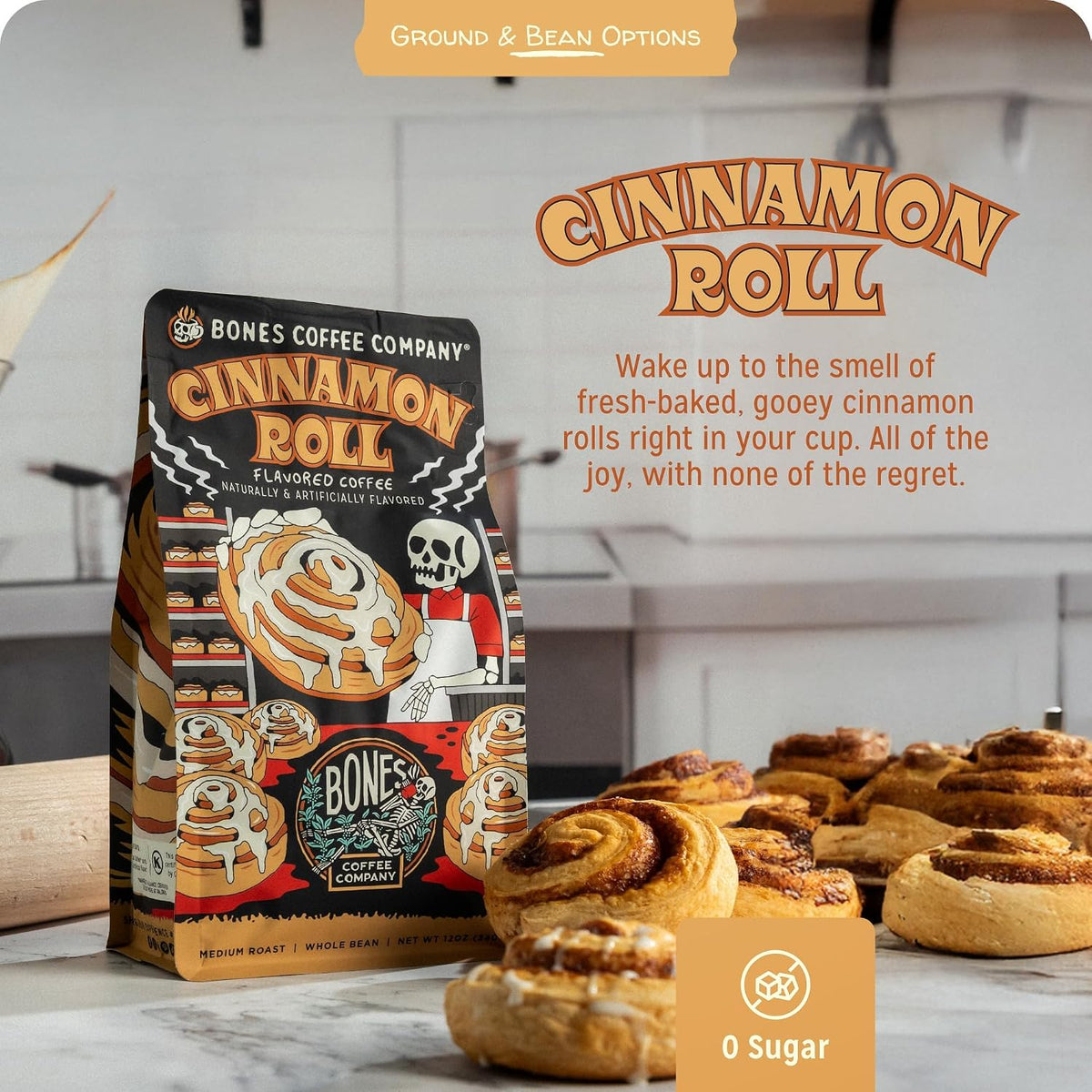 Bones Coffee Company Cinnamon Roll Flavored Coffee, Medium Roast Low Acid Arabica Beans Compatible with Auto drip and French Press Coffee Maker, 12 Oz Ground