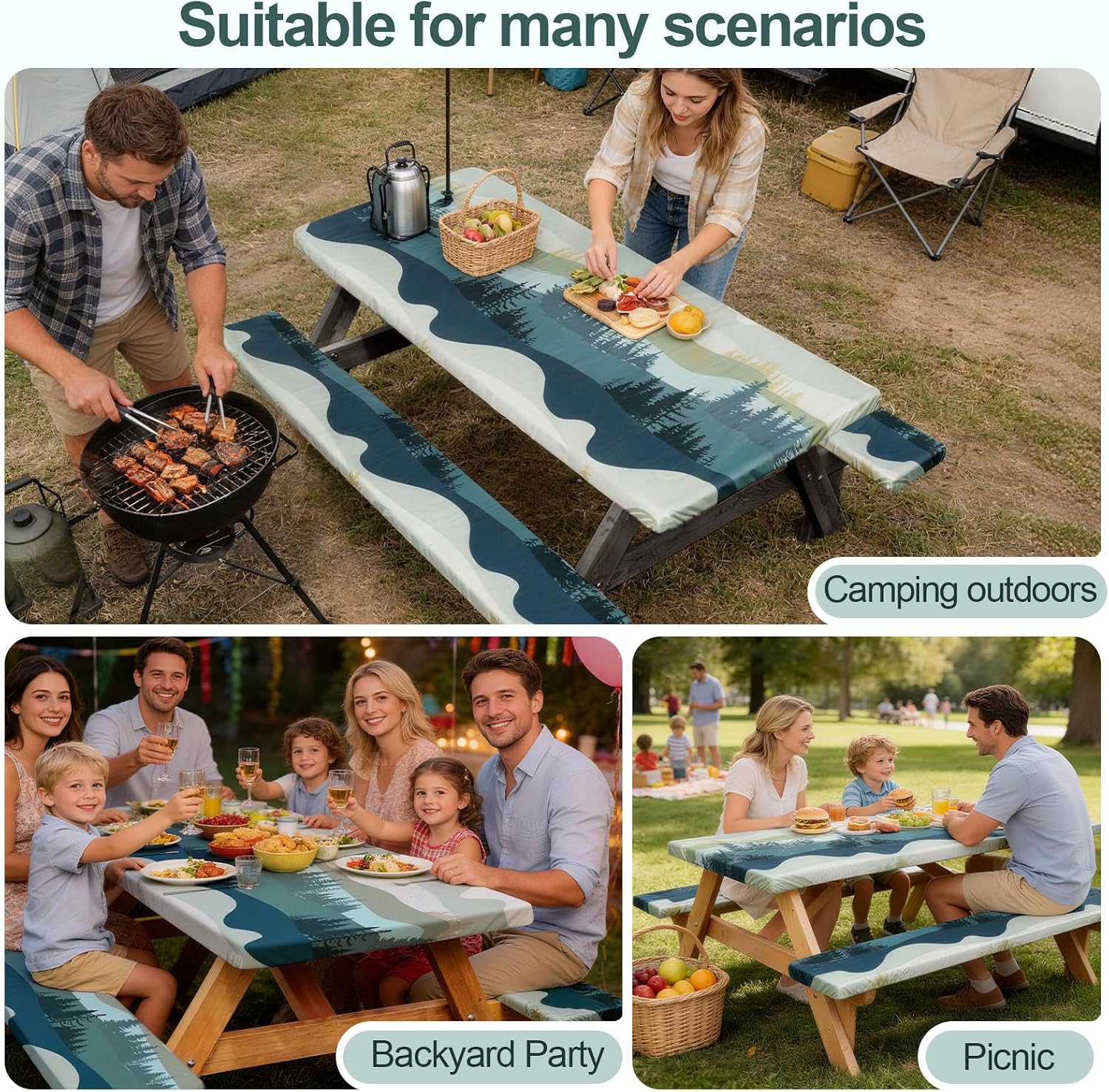 Picnic Table Cover with Bench Covers Camping Essentials Waterproof Windproof Camping Tablecloth with Drawstring Bag, Fit