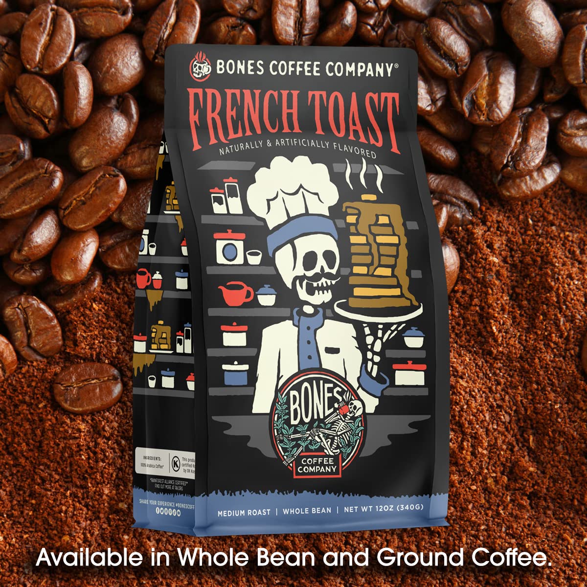 Bones Coffee Company French Toast, Sweet and Buttery Flavored Coffee, Medium Roast Low Acid Arabica Beans Compatible with Auto drip and French Press Coffee Maker, 12 Oz Ground