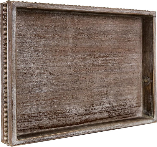 Wooden Decorative Tray, Rectangular Serving Tray with Wood Bead, Farmhouse Big Tray for Ottoman, Countertop, Coffee Tabl,