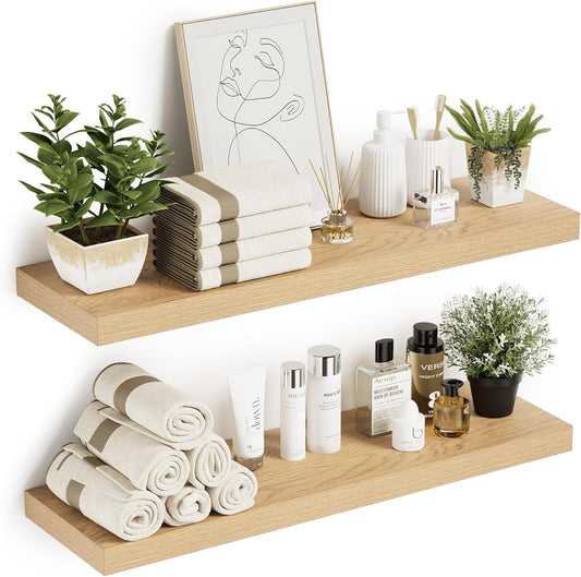Vivelove 10 inches Deep Floating Shelves 36 inch Long, Large Oak Wall Shelves Heavy Duty 70 lbs for Bedroom, Bathroom,