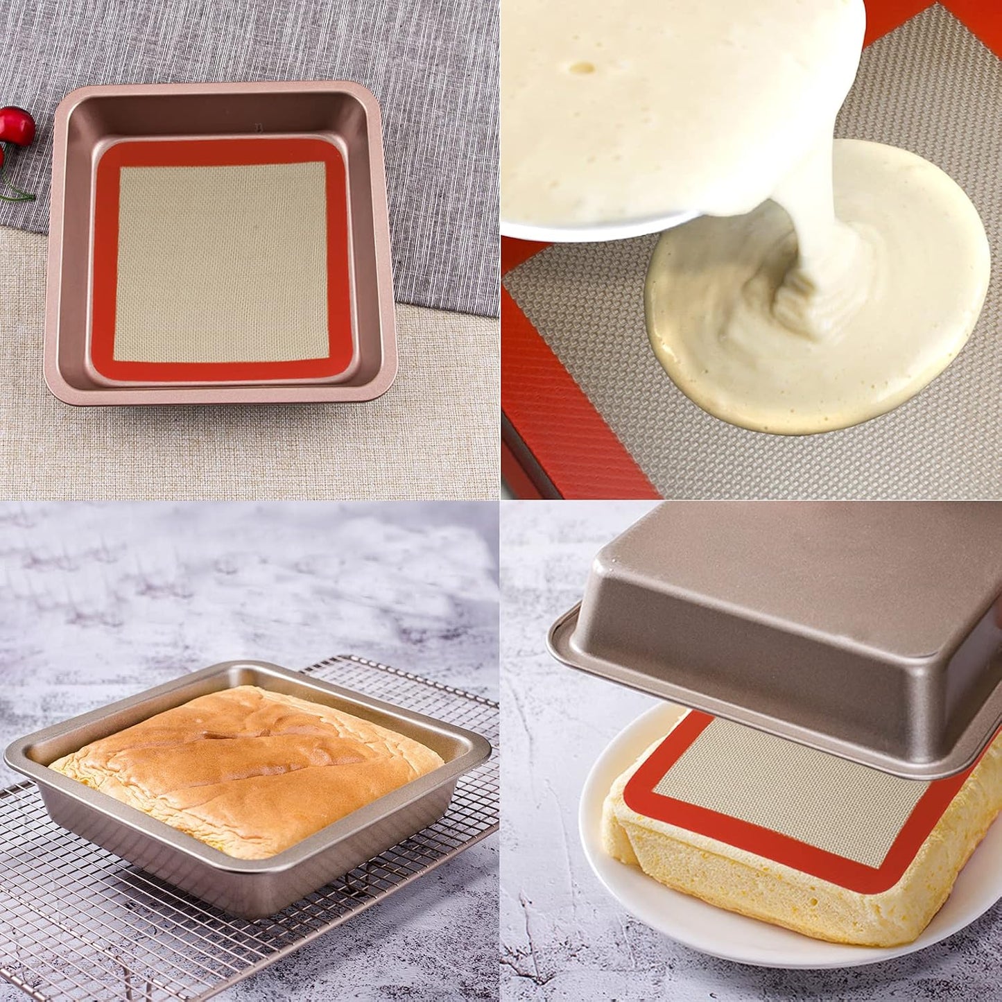 Silicone Baking Mats for 8 inch Square Cake Pan, Non-stick Reusable Cookie Sheet Liner for Baking Pan, Professional Food Grade Oven Liner Sheets Mats for Bread/Toast/Pastry/Cookie/Pie/Pizza 2 PCS 8x8