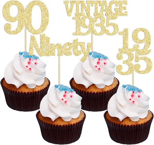 Gyufise 24Pcs 90th Birthday Cupcake Toppers Glitter Cheers to 90 Fabulous Ninety Vintage 1935 Cupcake Picks 90th Birthday