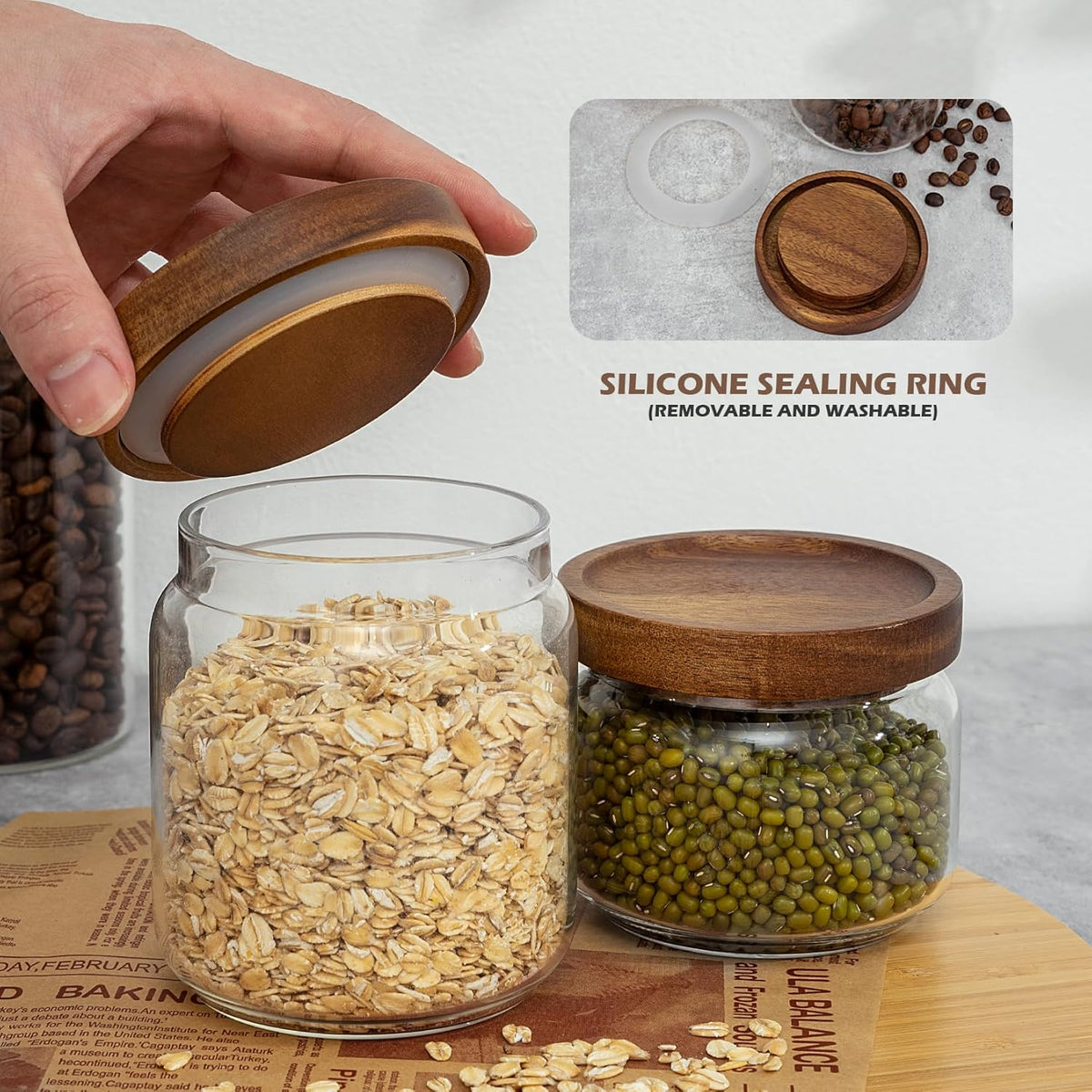 1 PC Small Glass Storage Jars with Airtight Lids, 17 fl oz (500ml) coffee container with Wooden Lid, Glass Pantry Canister for Beans, Rice, Sugar and etc