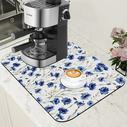 Watercolor Blue Cornflower Dish Drying Mat for Kitchen Counter Floral Coffee Bar Mat Hide Stain Absorbent Rubber Backed