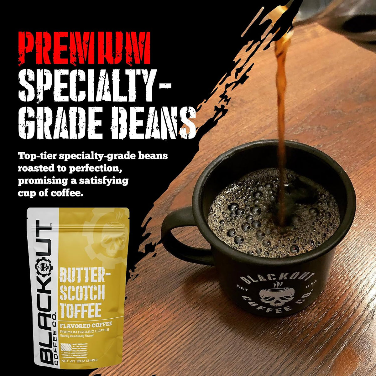 Blackout Coffee Butterscotch Toffee Flavored Ground Coffee – Medium Roast, Smooth Taste, Guilt-Free Indulgence – Freshly Roasted 12oz Pouch.