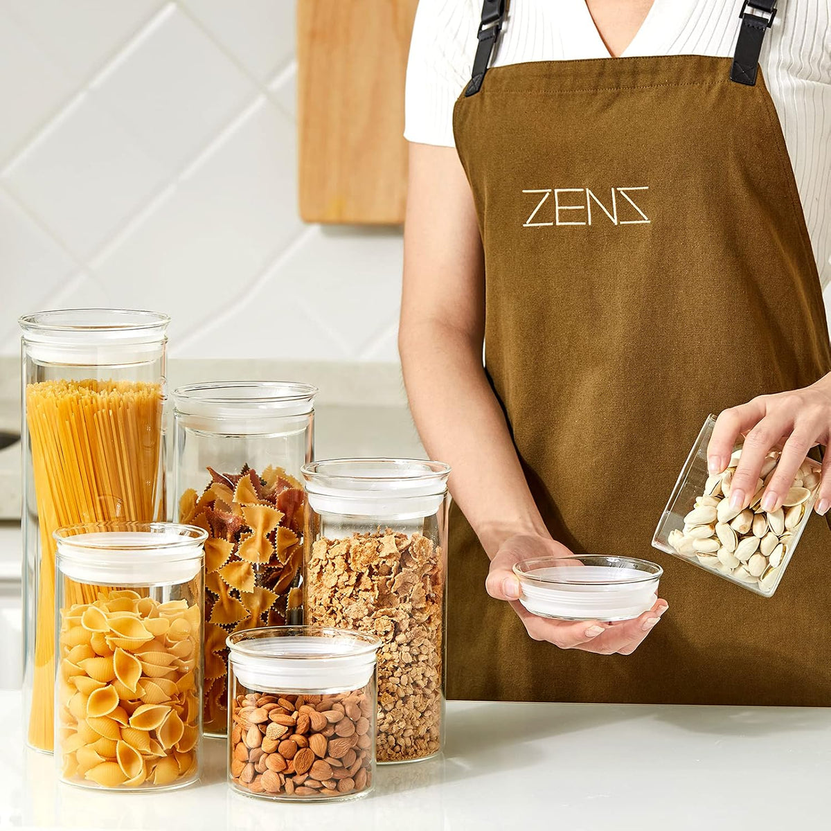 ZENS 10oz Glass Jars with Airtight Lid, 4 Pack Glass Kitchen Canisters Set for Spice, Loose Tea, Small Clear Glass Storage Jars with Labels for Herbs, Sugar | Borosilicate Clear Glass Canisters Set for Spice, Small Tea Jars for loose Tea with Labels for H