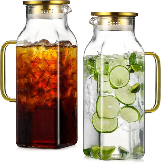 2 Pack 2 Liters/68 oz Square Glass Pitcher with Lid and Handle for Fridge, Iced Tea and Coffee Carafe Beverage Serveware,