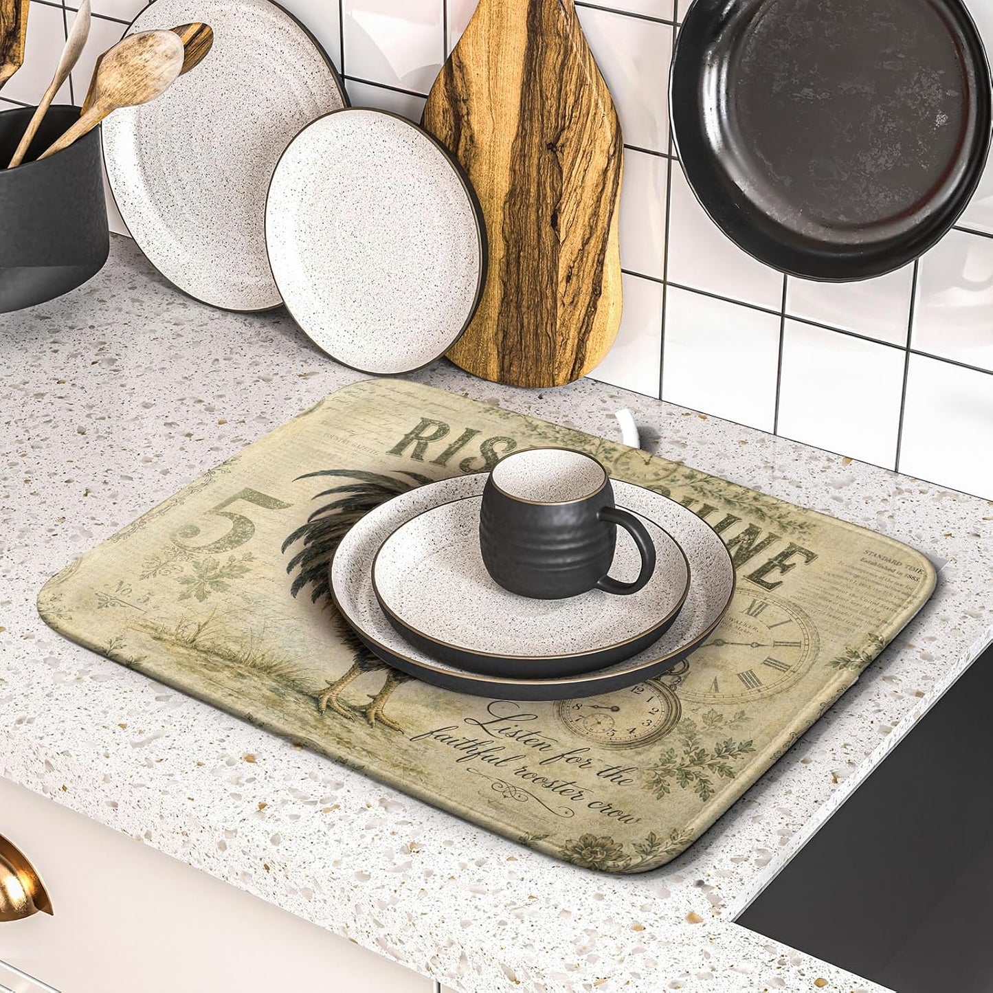 Farmhouse Rooster Dish Drying Mat 16 x 18 Inch with Hanging Loop High Absorbent Reversible Microfiber Dish Drying Pad Drainer Mat for Kitchen Counter Coffee Bar