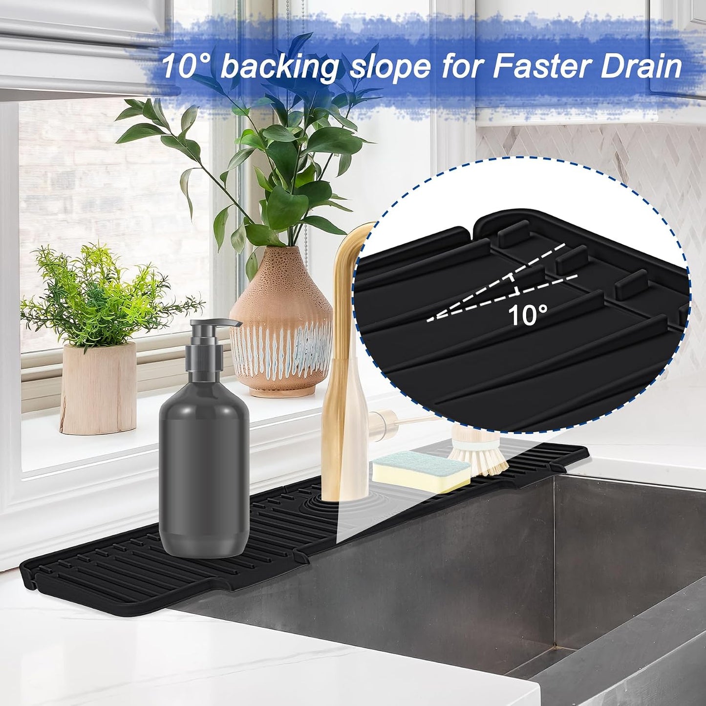 Kitchen Sink Splash Guard, 20 inch Silicone Faucet Guard &amp; Draining Mat, 10° Large Slope Sink Faucet Mat Splash Guard, Bathroom Sink Organizer, Kitchen Sink Accessories Gadgets, 20 x 5.5”, Black