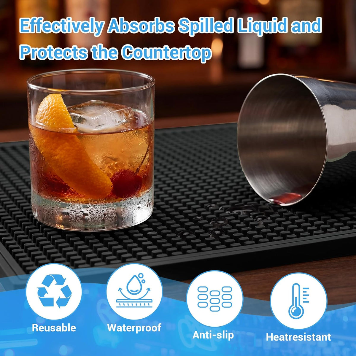 ZJWZLG Bar Mat - Premium 18"X12" Rubber Bar Mats for Countertop, Non-slip Dish Drying Pad &amp; Bartender Mat with for Fast Drying, Ideal Bar Tools for Home Bar, Cocktail Set, And Kitchen Use(Black)