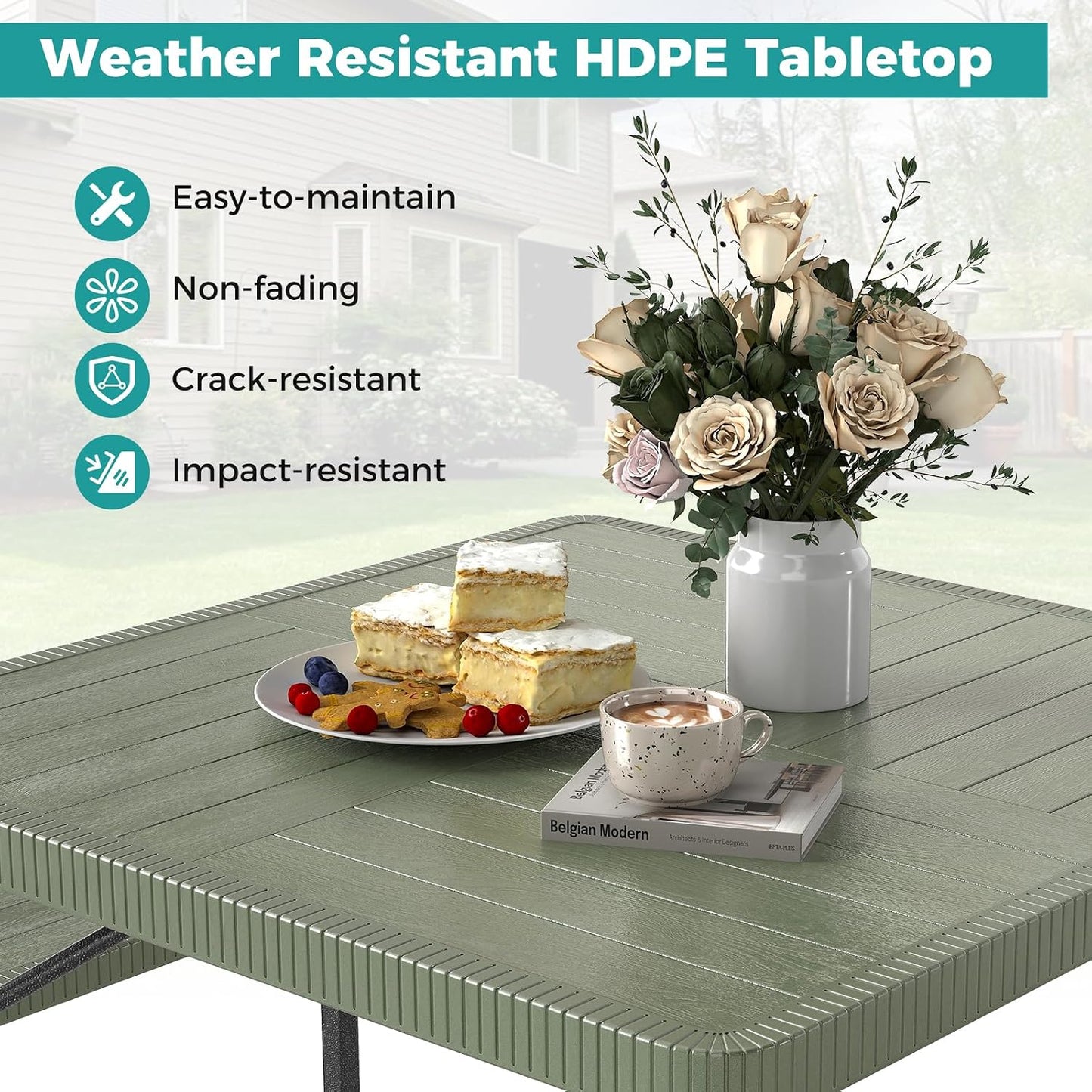 Giantex Picnic Table Bench Set for 4-8 People, 34" Outdoor Square Dining Table & 2 Benches w/Umbrella Hole, HDPE Tableto