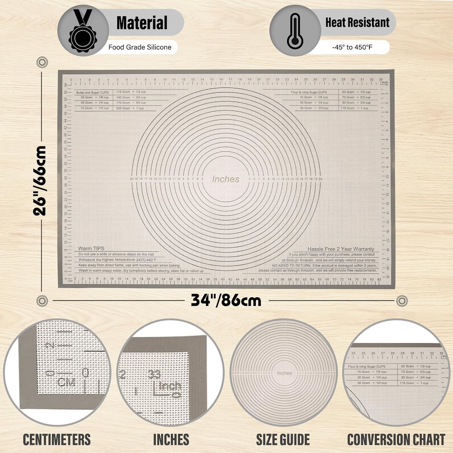 Silicone Pastry Mat 34x26 Inch Nonstick Baking Mat -Perfect for Dough, Pastry, Dough Rolling, Kneading Board, Pie Crust, Bread, Fondant, Pasta/Pizza, Kitchen Counter Mat