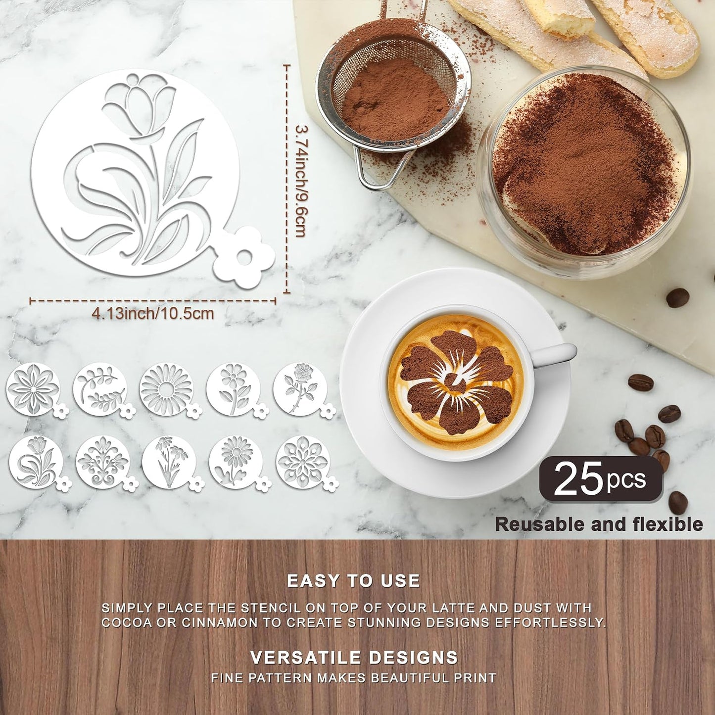 Sitsink Mandala Coffee Stencils Reusable - 25 Pcs Flower Stencils for Cookies Sourdough Bread Decor, Rangoli Mandala Baking Templates
