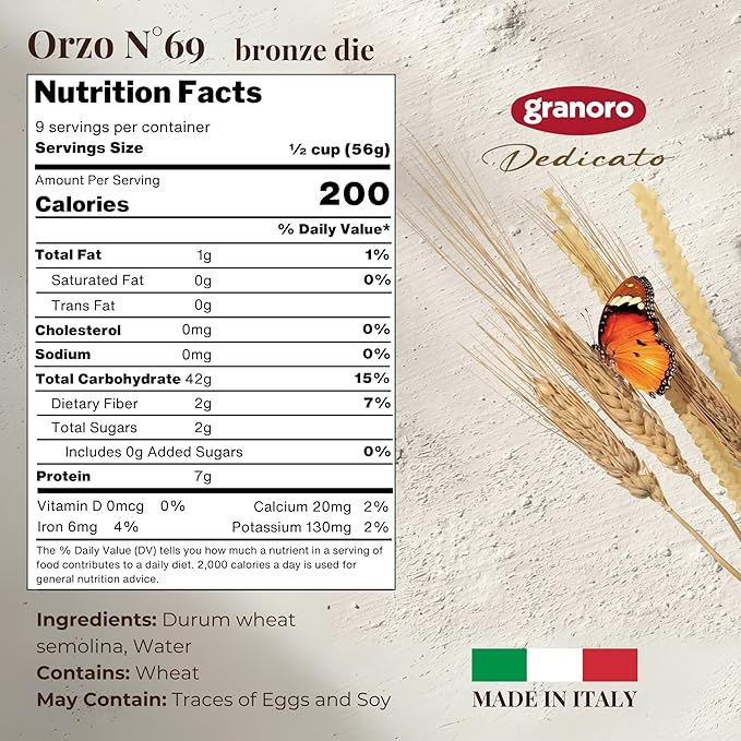 Granoro Dedicato Orzo #69 - Authentic Italian Pasta, Made from 100% Puglia Durum Wheat Semolina, Non-GMO, Vegan, 1 lb Bags (Pack of 2)