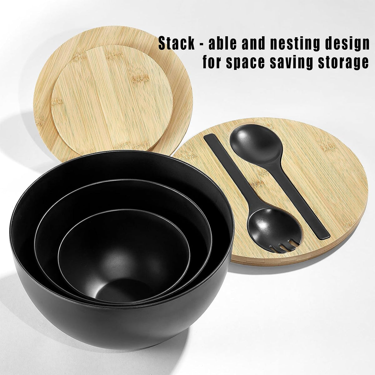 Large Salad Bowls with Bamboo Lids Set of 3, Mixing Nesting Bowls Round Serving Bowls with Servers for Salads, Kitchen Eating, Pastas, Popcorn, Chips, Trifle, Fruit, Food Prepare (Black,10",8",6" )