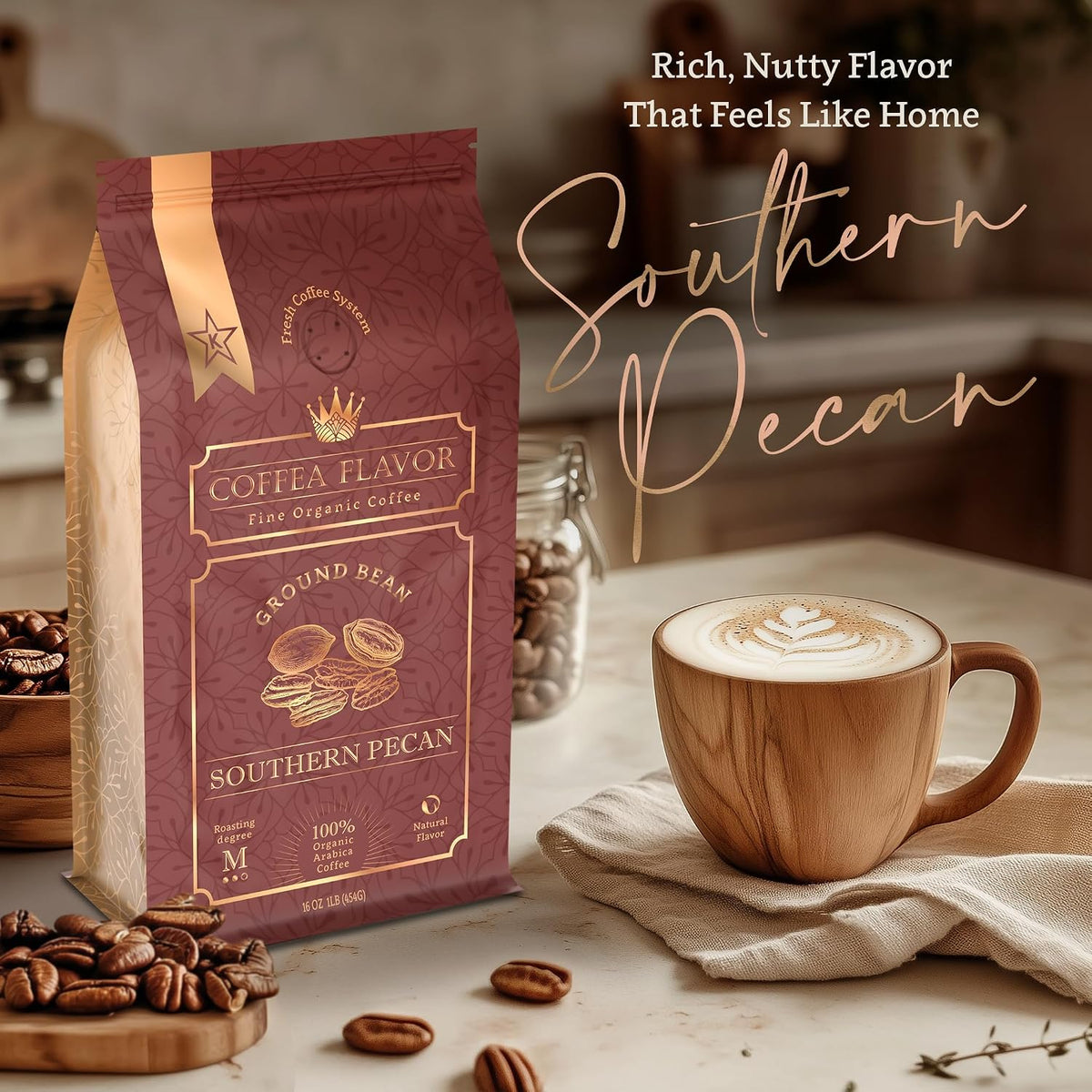 Organic Ground Coffee Medium Roast (16oz) - Southern Pecan Flavored | 100% Arabica, Single Origin and Low Acid - USDA Organic and Fair Trade Certified - Naturally Flavored Without Additives
