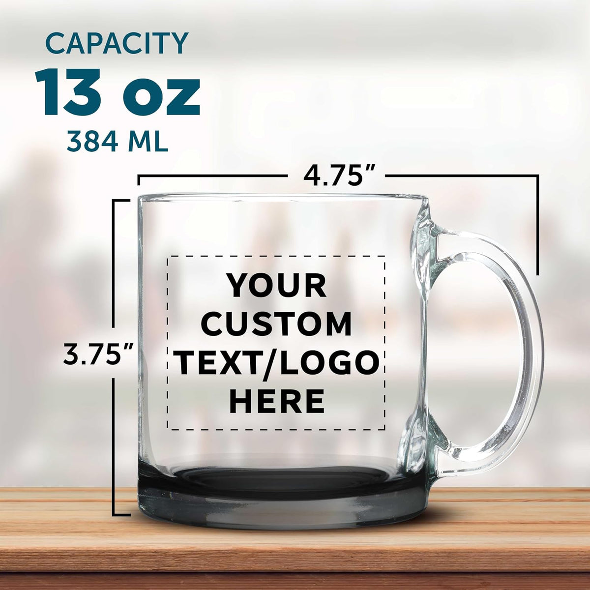 DISCOUNT PROMOS Custom Clear Glass Coffee Mugs 13 oz. Set of 10/50/100, Personalized Bulk Pack - Perfect for Coffee, Tea, Espresso, Hot Cocoa, Other Beverages - Black Bottom