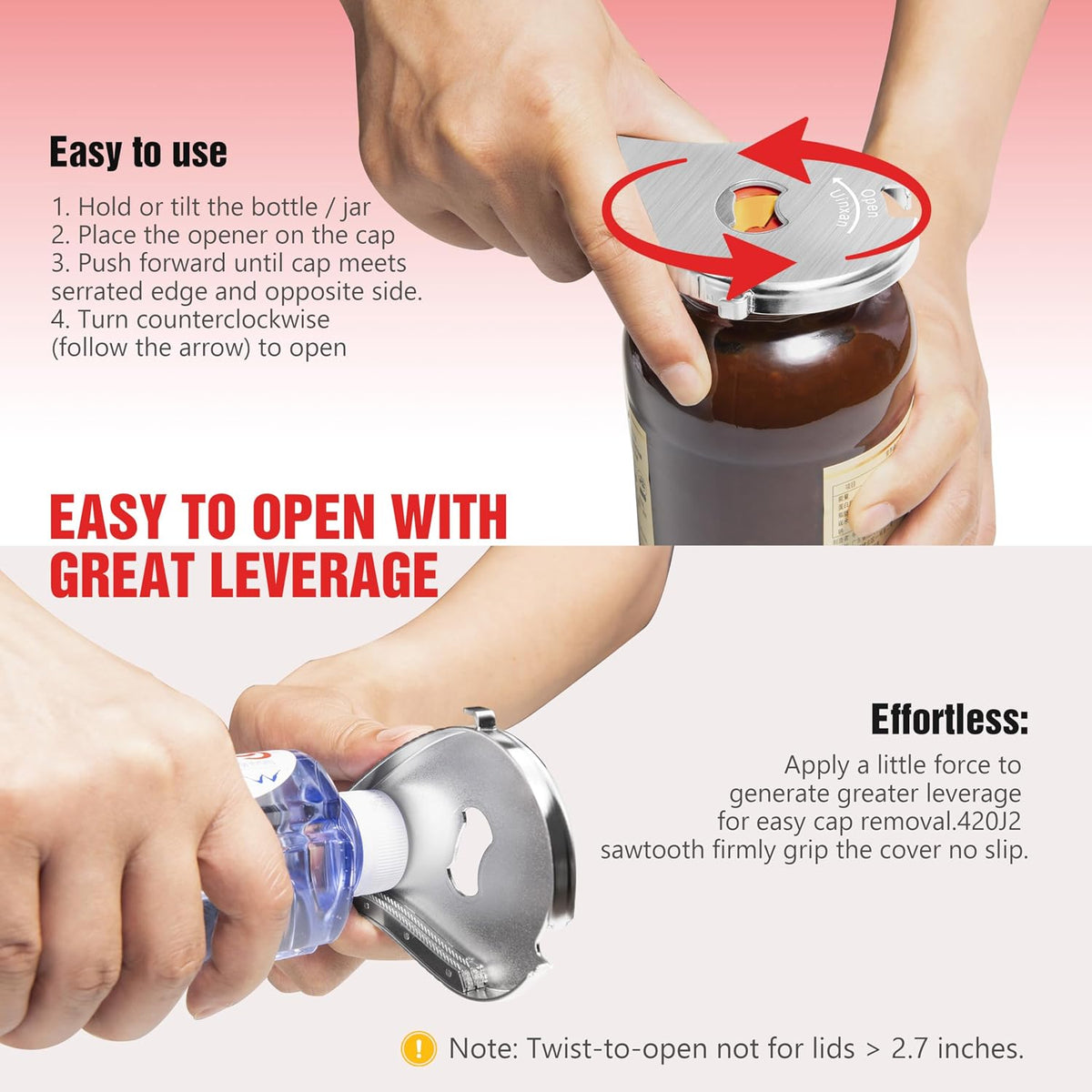 Uinxan 5 in 1 Bottle Opener for Small Jar Lid, Beer, Can Tab, Vacuum Seals | Effortlessly Opens Screw Caps(0.6"-2.7"), Stainless Steel Multi Portable Tool,Ideal for Seniors &amp; Weak Hands (Silver)
