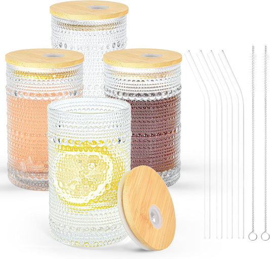 13 oz Drinking Glasses Set of 4 with Bamboo Lids Straws Hobnail Boho Glassware Set Vintage Glass Cups Embossed Iced Coffee