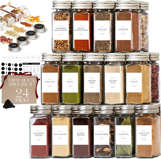 FINESSY Glass Spice Jars with Labels with Metal Lids and Shakers 24 Pack Set, 4oz Small Empty Air Tight Spice Containers