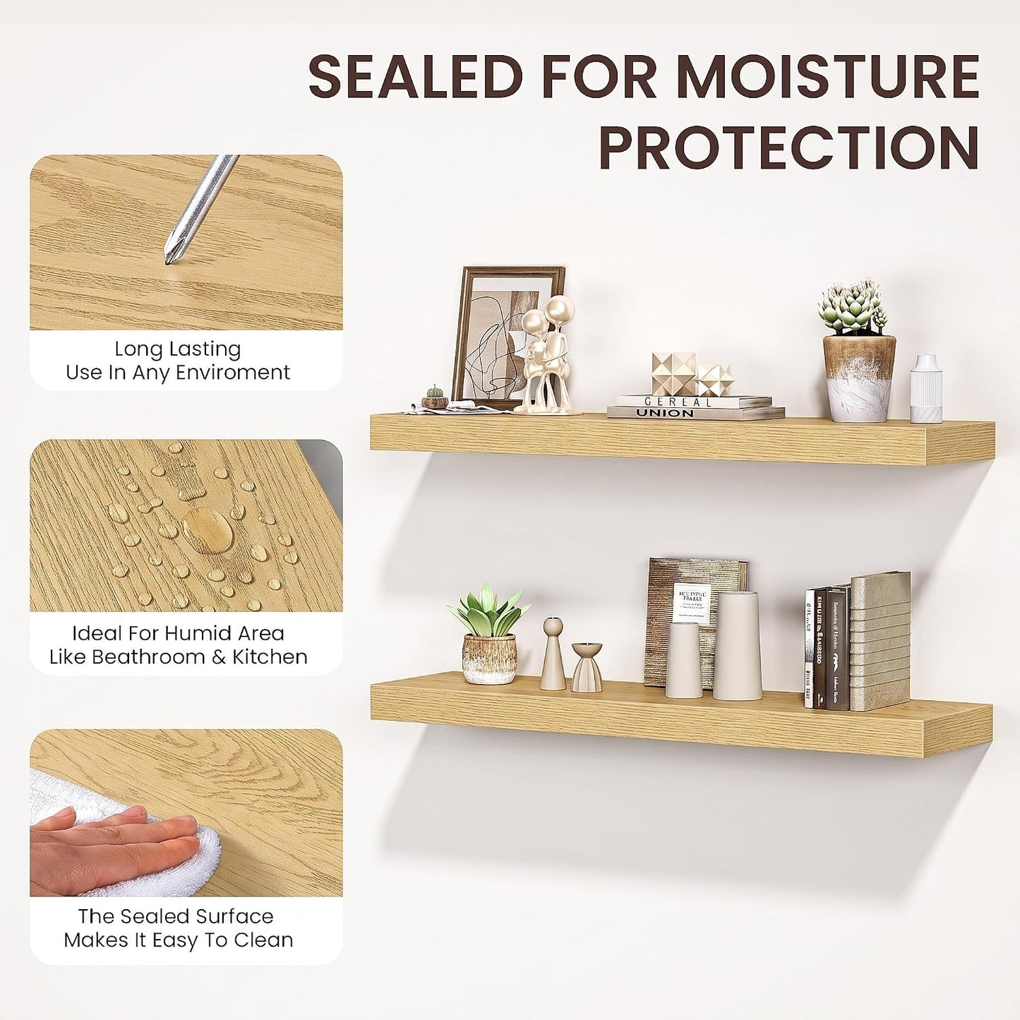 FLYJOE Floating Shelves for Wall, 48" W x 9.3" D x 1.5" H, Set of 1, Oak
