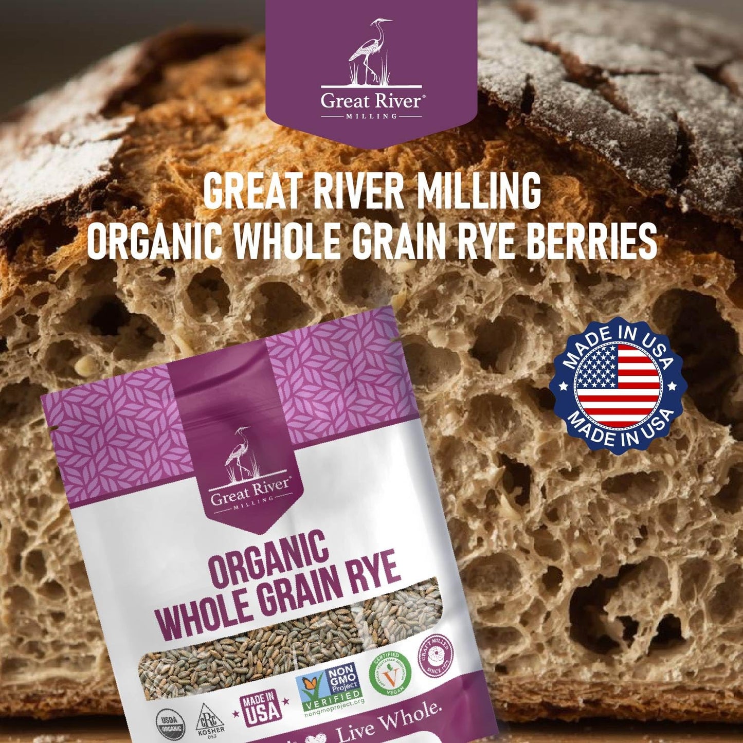 Great River Milling Organic Whole Grain Rye Berries, Non-GMO, 2 lb | Organic Whole Rye Berries for home-milled rye flour, sourdough bread, sprouting, soups, salads and pilaf; chewy cooked grain