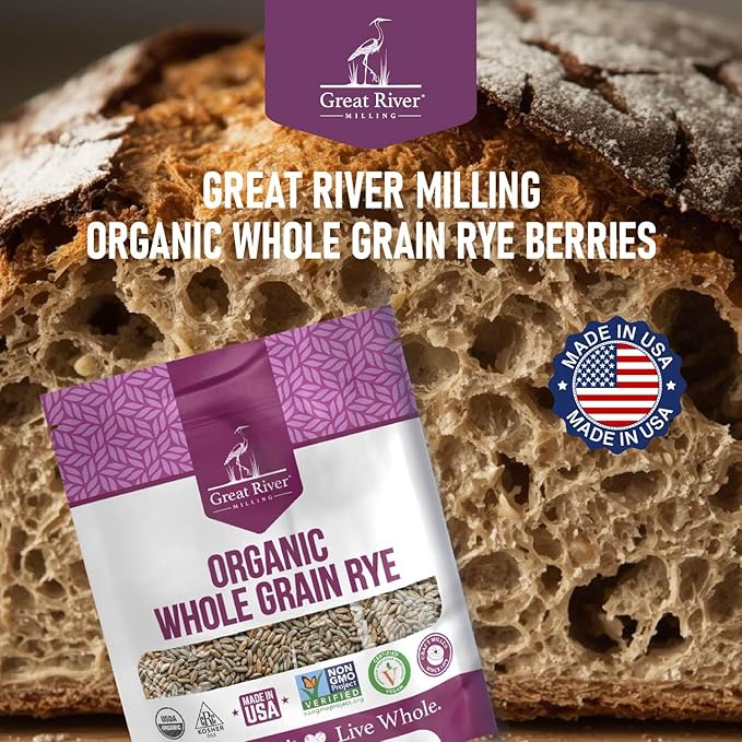 Great River Organic Milling Organic Whole Grain Rye Berries | High-Fiber, Nutrient-Rich Ancient Grain | Non-GMO, Kosher | Ideal for Baking, Sourdough, Salads, Pilaf & Soups | 2 Lb
