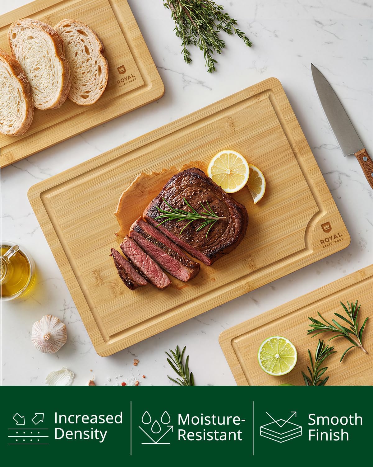 ROYAL CRAFT WOOD Wooden Cutting Boards for Kitchen Meal Prep &amp; Serving - Bamboo Wood Serving Board Set with Deep Juice Groove Side Handles - Charcuterie &amp; Chopping Butcher Block for Meat