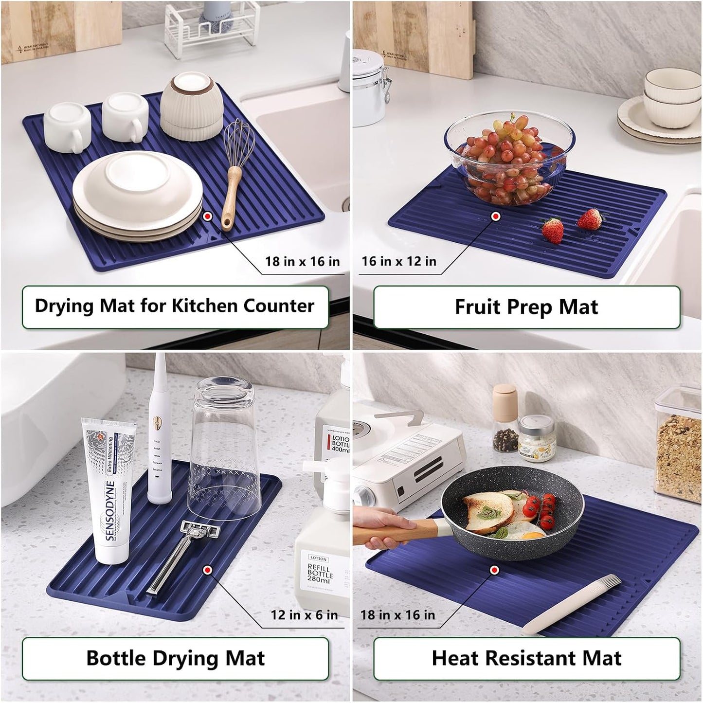 Silicone Dish Drying Mat, Flexible and Thick, 12" x 16", Blue | For Kitchen Counter and Bathroom, Heat Resistant Trivet, Countertop Protector, Non-Toxic, Non-Slip, For Under Dishes Rack