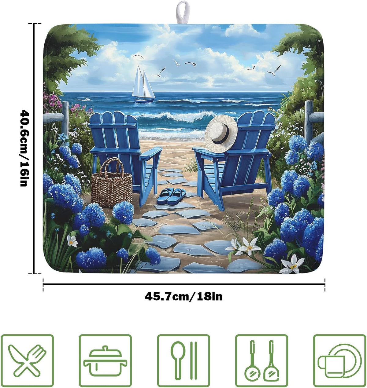 Summer Beach Chairs Dish Drying Mat Sea Wave Blue Floral Drying Mat fo Kitchen Counter 16”x18” Absorbent Reversible Kitchen