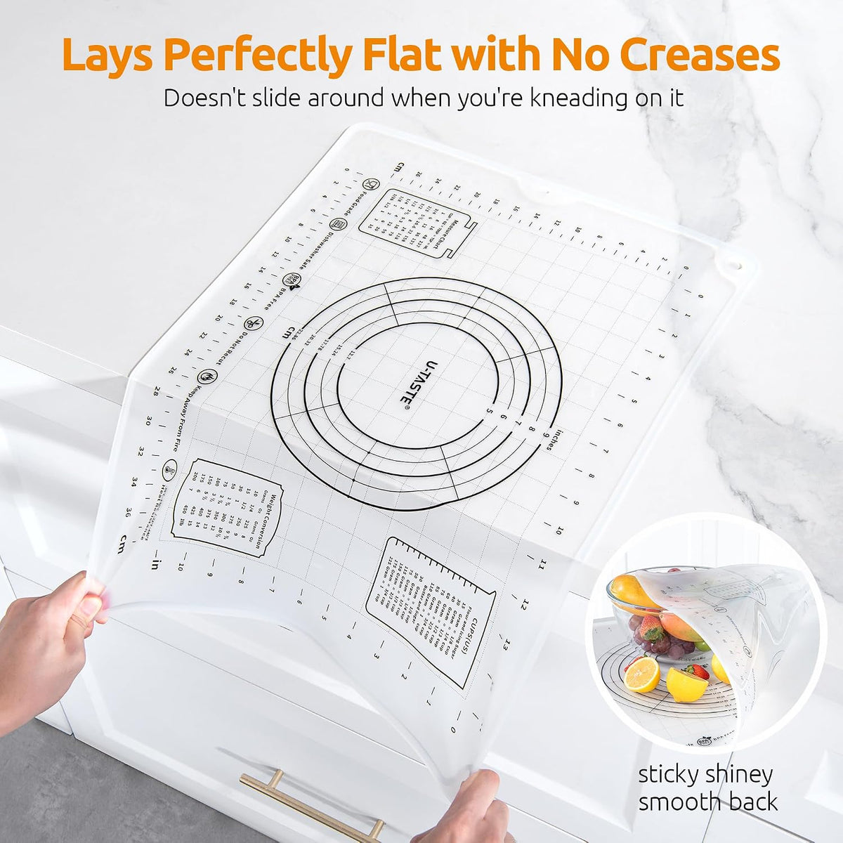 U-Taste Silicone Pastry Mat, Dough Rolling Baking Sheet, 16x20"/Transparent | Food-Grade Liquid Silicone, Non-Stick Non-Slip, Baking Supplies for Pizza Cookie Pie Crust, Clear Measurement &amp; Raised Edges
