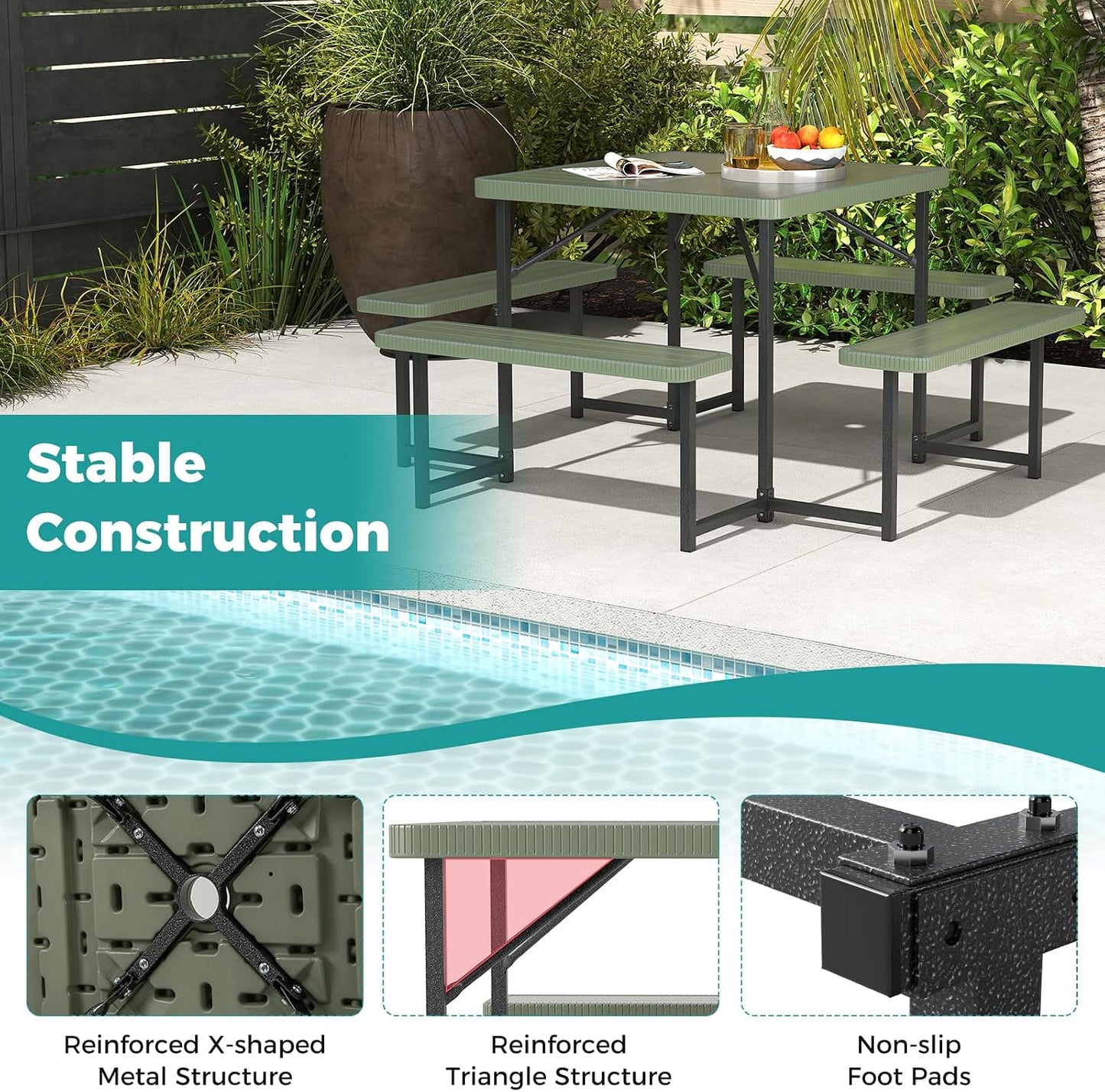 Giantex Picnic Table Bench Set for 4-8 People, 34" Outdoor Square Dining Table & 2 Benches w/Umbrella Hole, HDPE Tableto