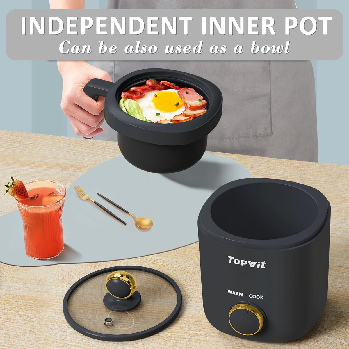 TOPWIT Rice Cooker Small, Mini Rice Cooker 2 Cups Uncooked, 1.2L Portable Rice Maker with Non-stick Coating, BPA Free, One Touch & Keep Warm Function, Grey