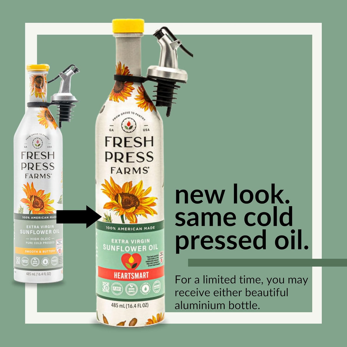 Fresh Press Farms Cold Pressed Extra Virgin Sunflower Oil, 16.4oz (2-Pack) | Extra Virgin Sunflower Oil, Georgia Grown, 100% American Made, Unrefined, Certified Whole30, Non GMO, Keto, Paleo