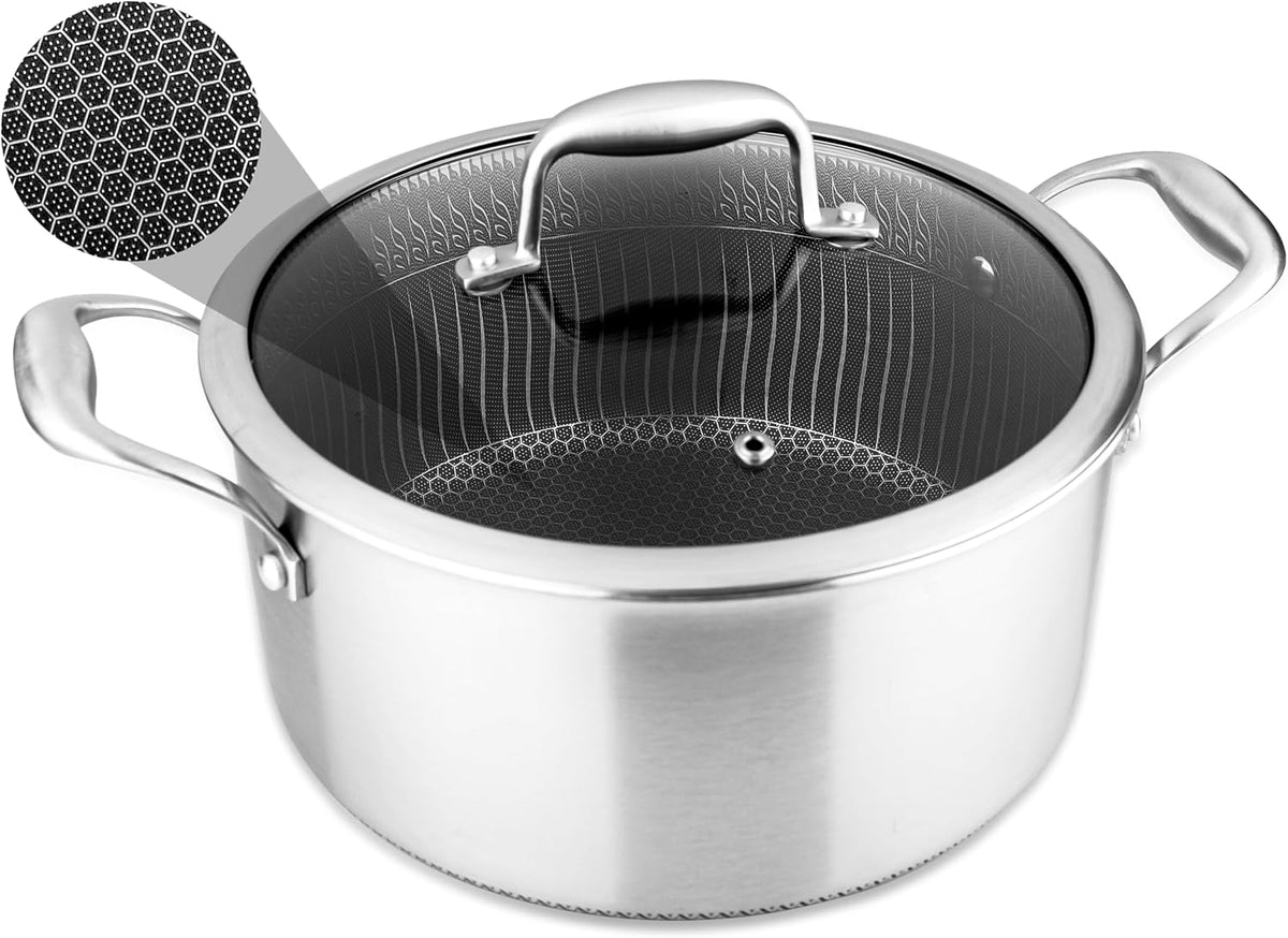 NutriChef 5 QT Stainless Steel Stew Pot - Triply Kitchenware Stew Pot with Glass Lid - DAKIN Etching Non-Stick Coating, Scratch-resistant Raised-up Honeycomb Fire Textured Pattern - NutriChef NC3PCAS