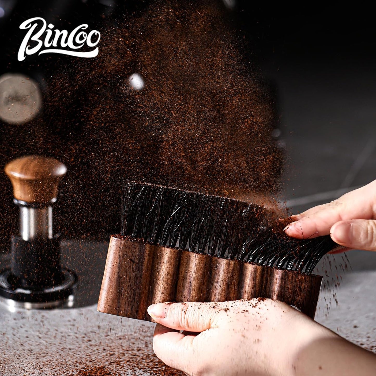 Bincoo Coffee Brush with Cleaning Cloth - Wooden Handle Cleaning Brush for Grinders, Espresso Machines & Countertops, Reusable Barista Tool with Hanging Hook for Coffee Grounds Removal