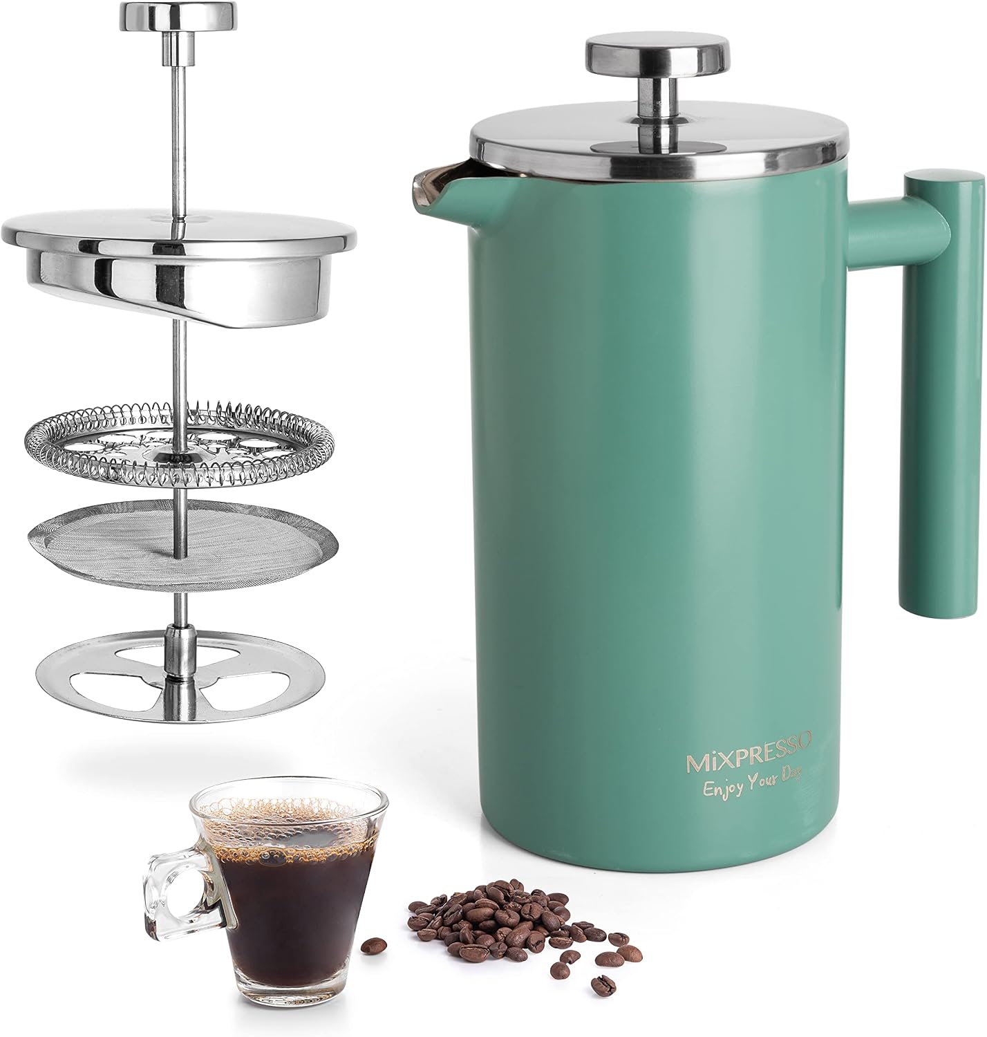 Mixpresso French Press Coffee Maker, 26 Oz Stainless Steel Coffee Press | Double wall insulated stainless steel French Press with durable filter for coffee or loose leaf tea, easy to press and clean