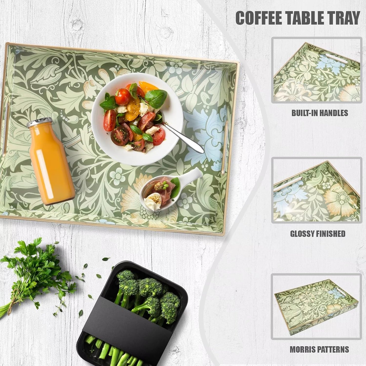 Spsyrine Plastic Serving Tray with Handles for Coffee Table, Compton | Rectangular Decorative Couch Tray, Countertop Organizer Tray for Ottoman, Living Room, Home Decor 15.7"L x 11.8"W x 1.57"H