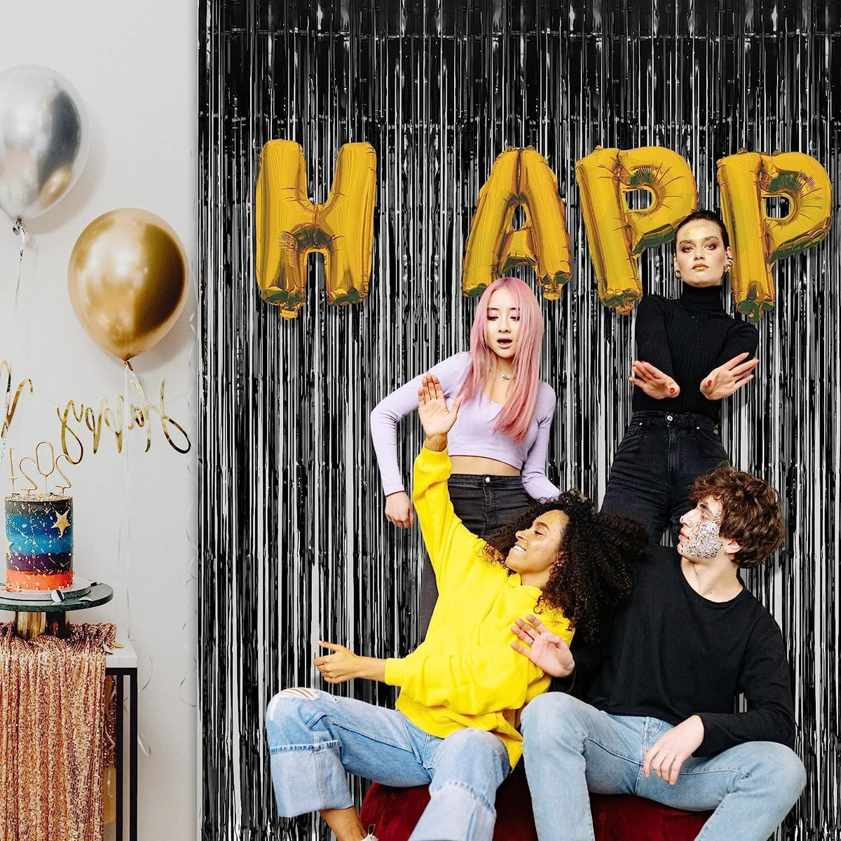 BRAVESHINE Foil Fringe Curtains | Party Steamers | Halloween Decorations | 3.2x8.2ft Pure Black Tinsel Backdrop for Graduation/New Years/Boy/Men/20th/Birthday/Music/Stranger/Prom/Retirement Parties